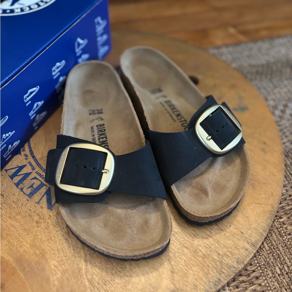Birkenstock Madrid Big Buckle Nubuck Leather Black Sandals Gold 7 7.5 38 - Picture 5 of 6
